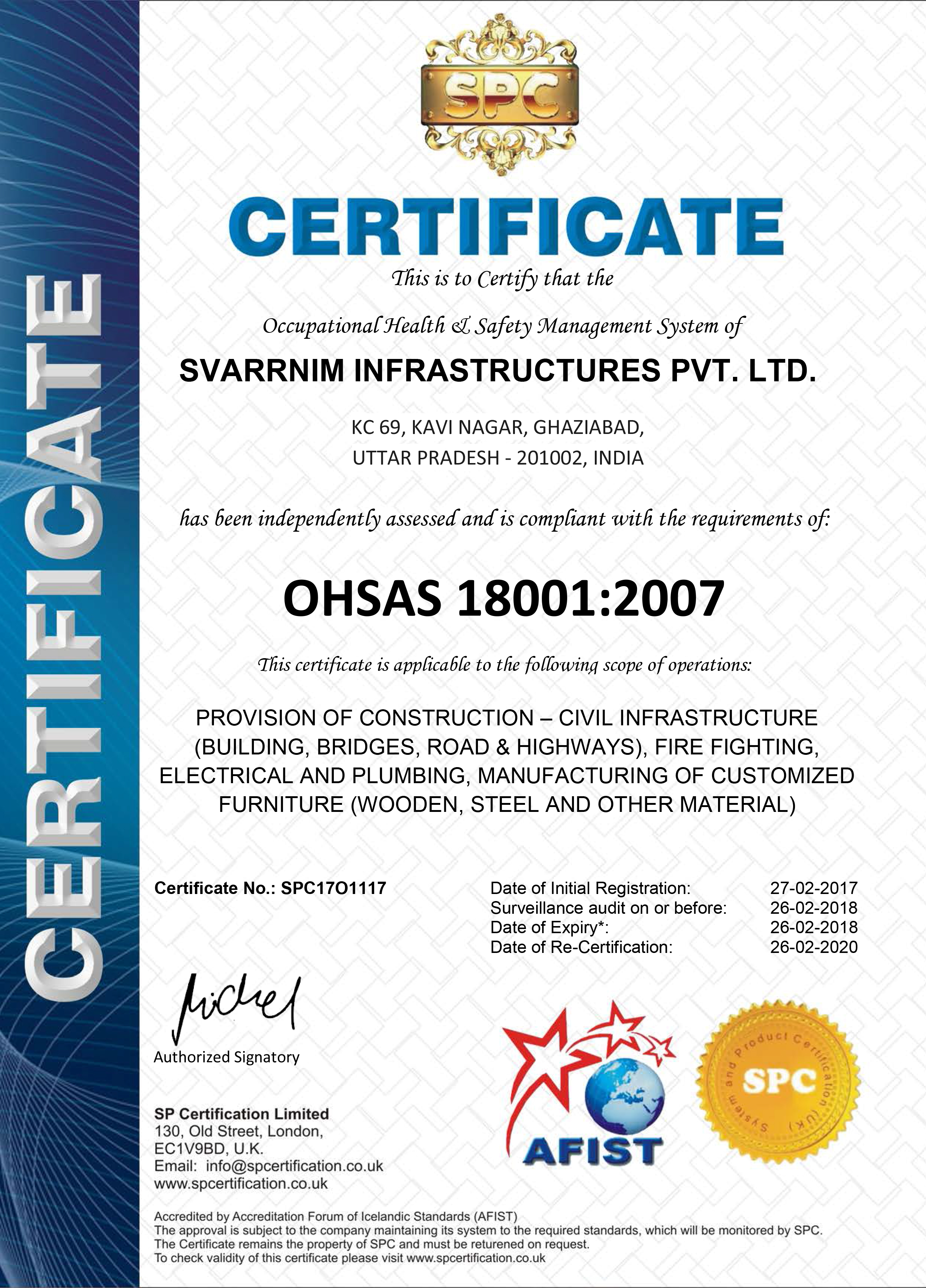 SPC Certificate ISO 18001:2007